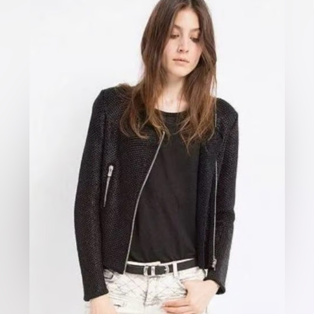 Maje Empire Black Sweater Knit Blazer Moto Jacket Size 3/L